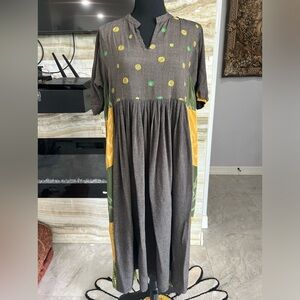 Max Gray Yellow Green Side Block V-Neck Shift‎ Maxi.Size M